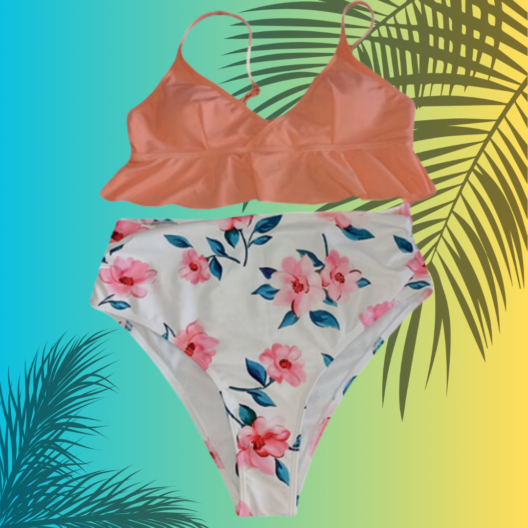 Bikini dos piezas top color salmón y tanga floreada