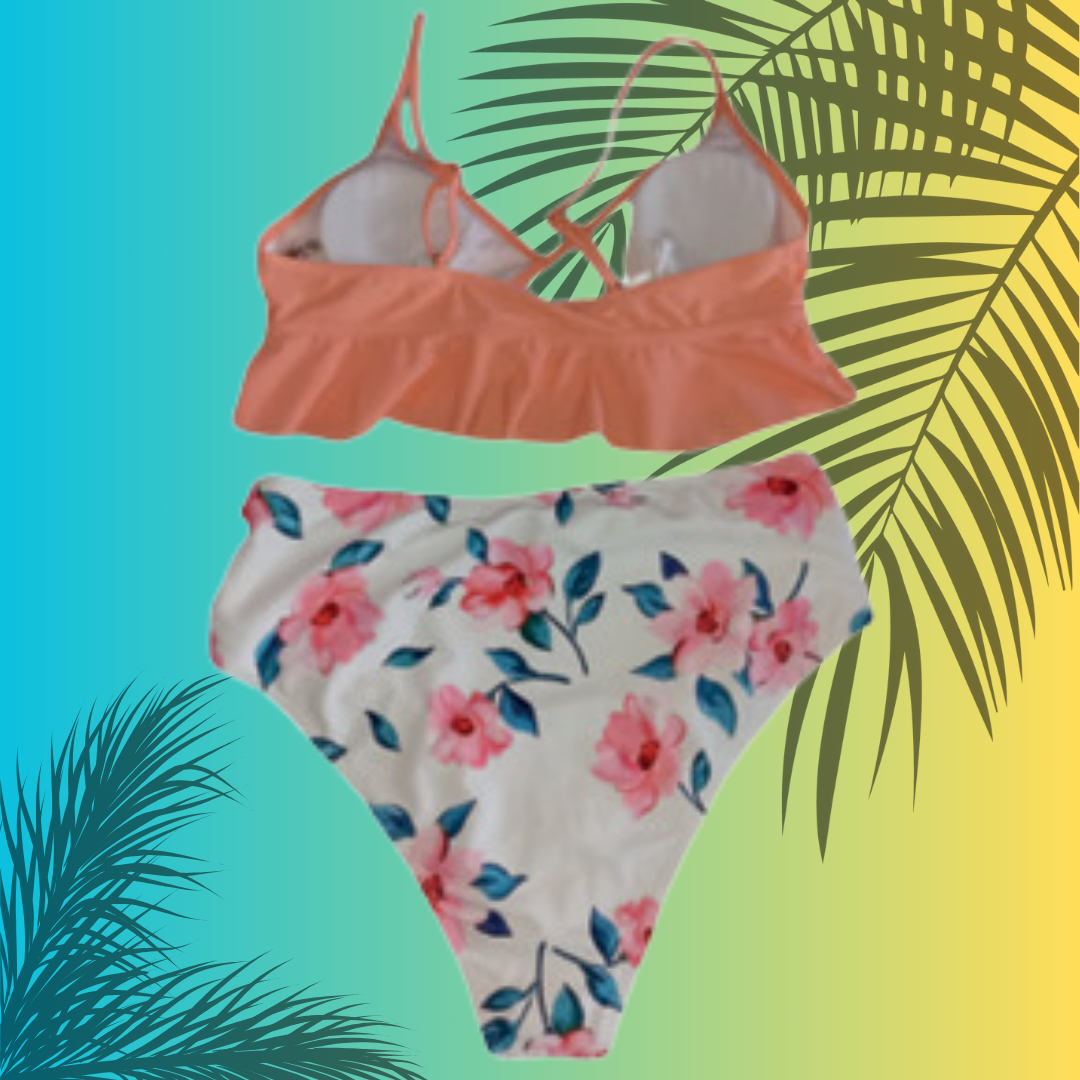 Bikini dos piezas top color salmón y tanga floreada