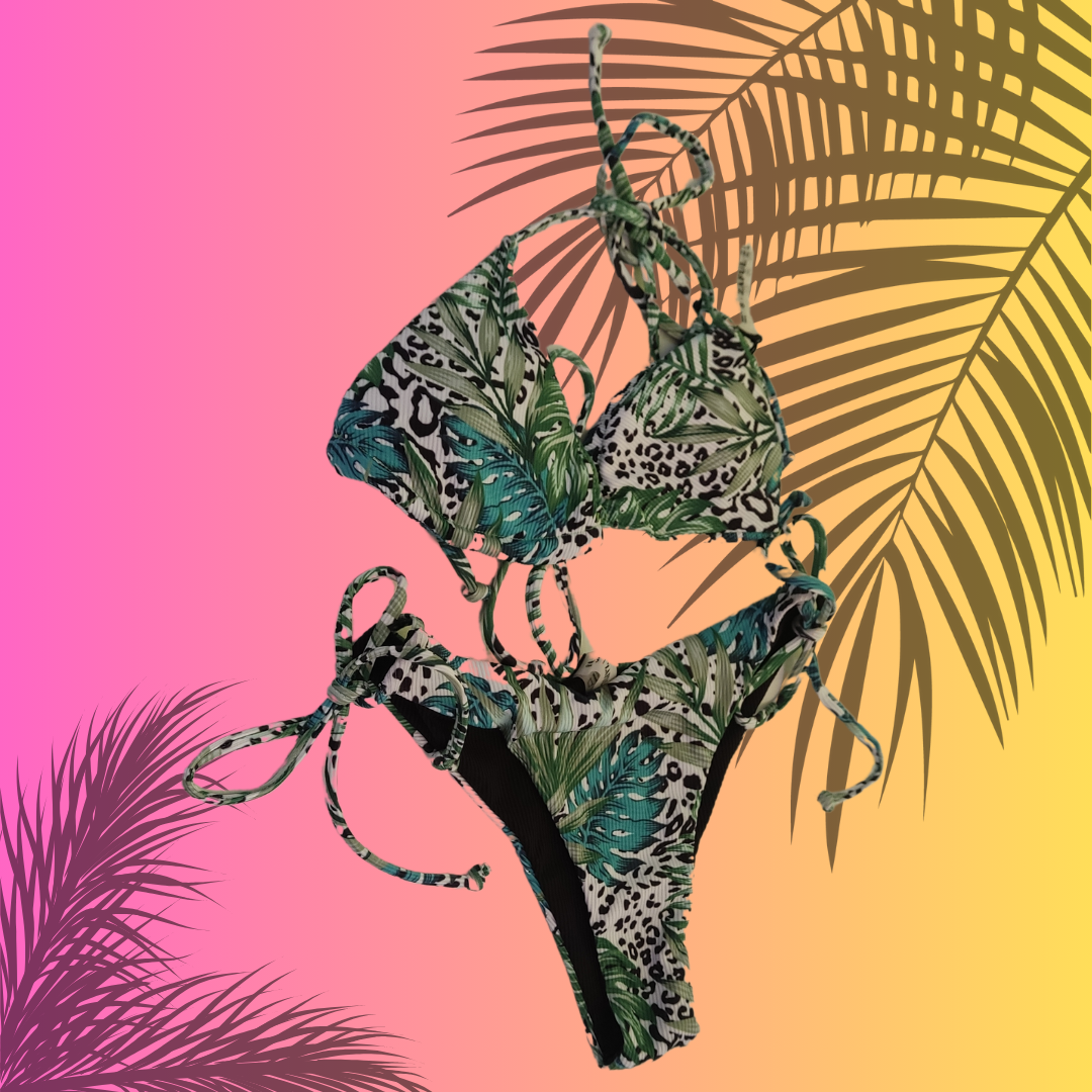 Bikini 2 piezas con diseño pardo y hojas verdes