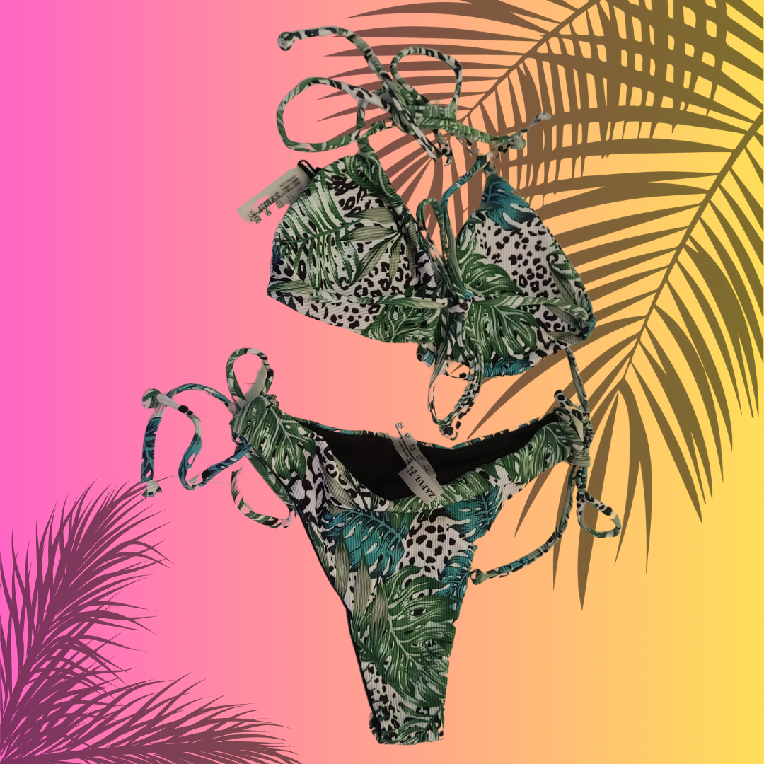 Bikini 2 piezas con diseño pardo y hojas verdes