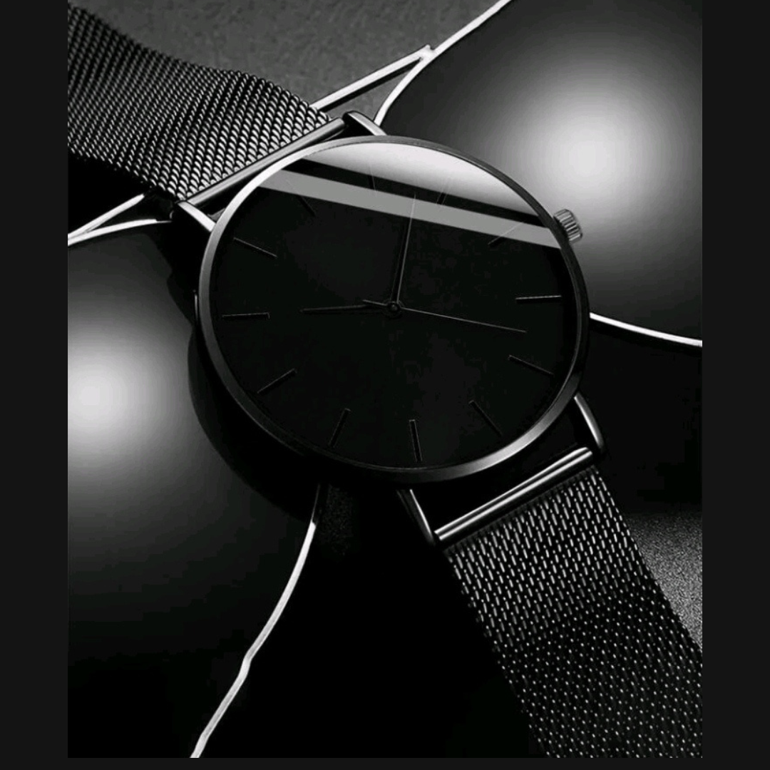 Reloj negro de acero minimalista con pulsera