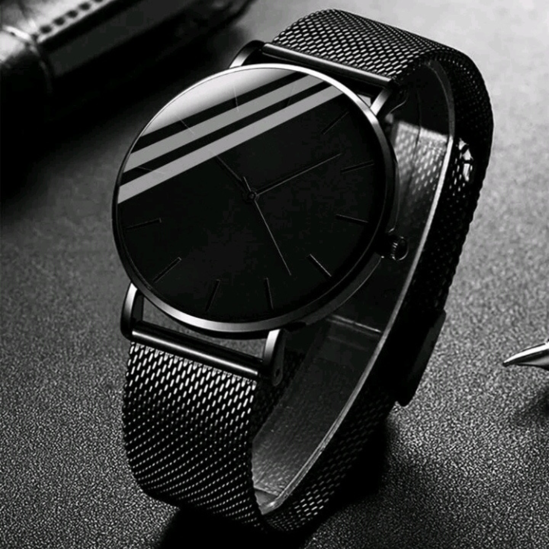 Reloj negro de acero minimalista con pulsera